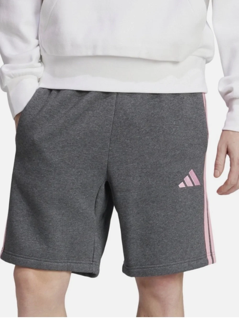 New! Adidas Men's Essential Three Stripes Fleece Shorts, Gray & Pink, Size Large